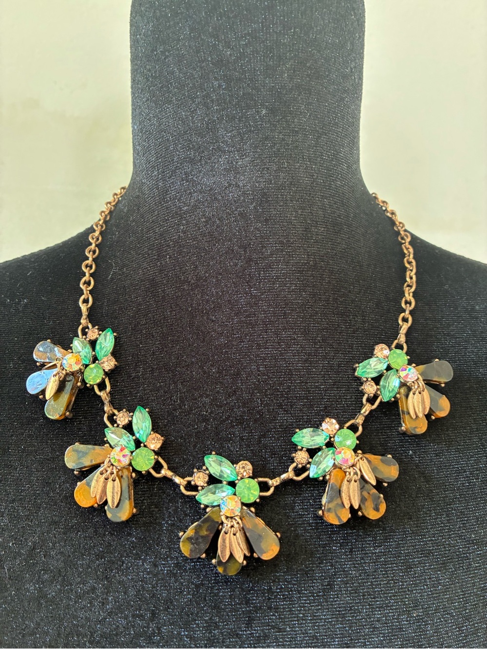 Gold-Tone Floral Necklace with Green and Amber Crystals